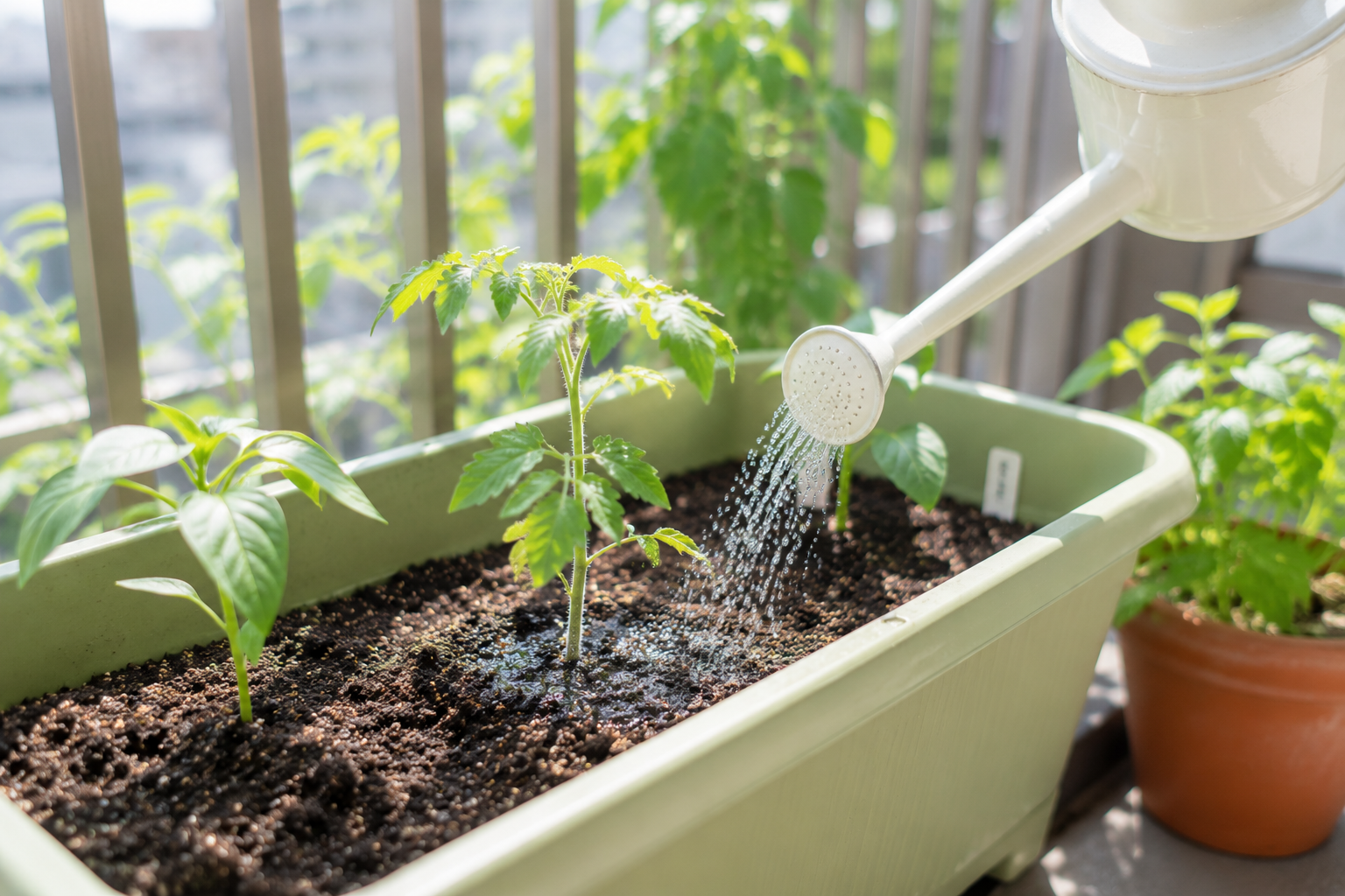 植え付け後の苗に水やりしている実写写真