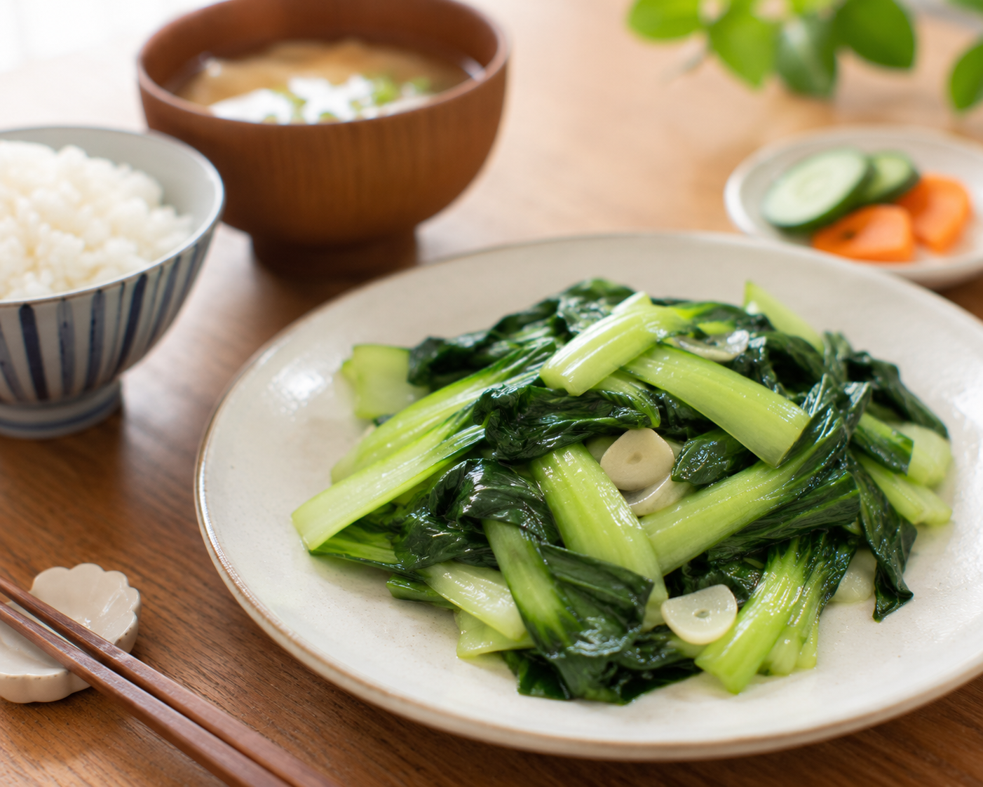 収穫したチンゲン菜を使った料理のイメージ