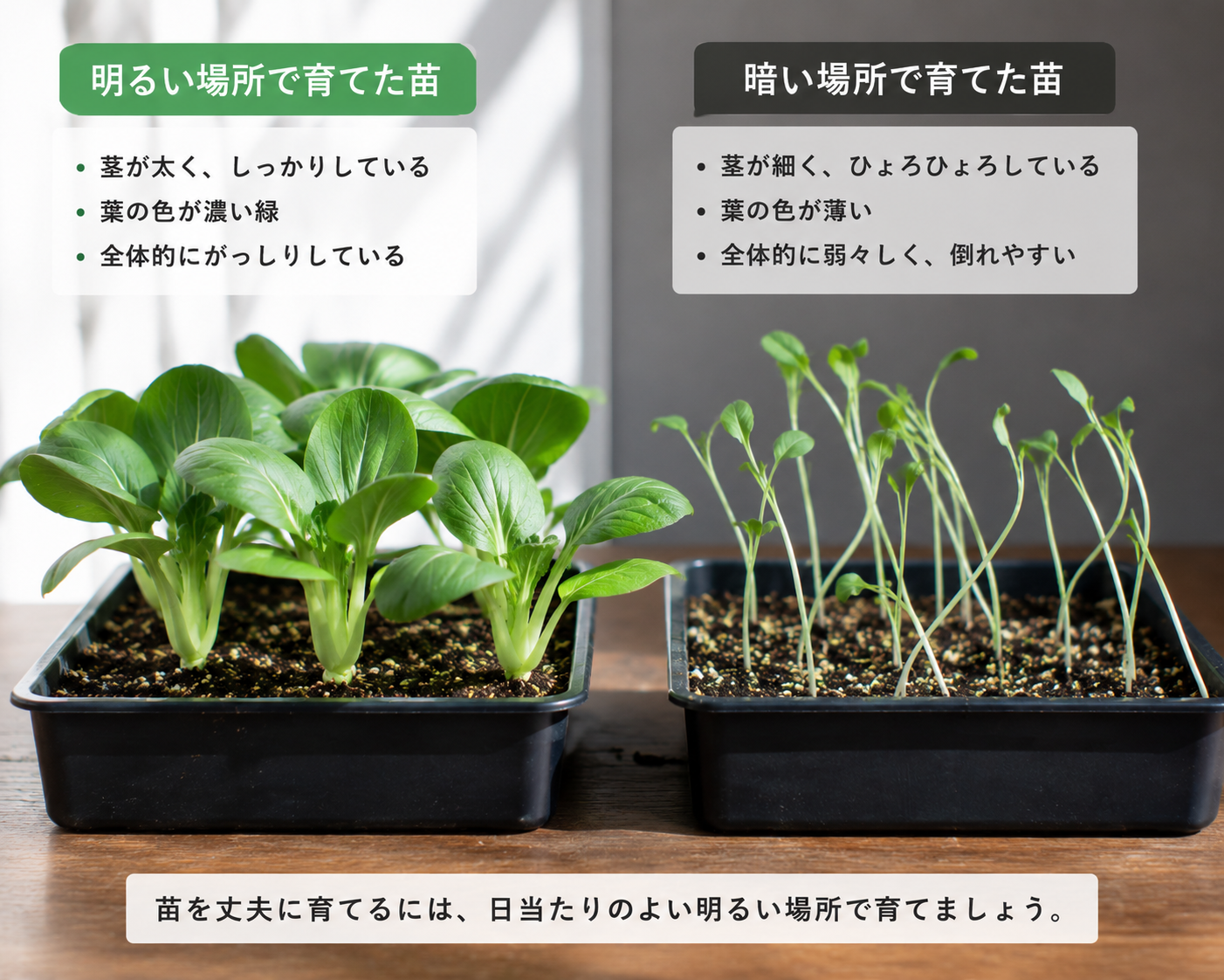明るい場所と暗い場所で育った苗の比較イメージ