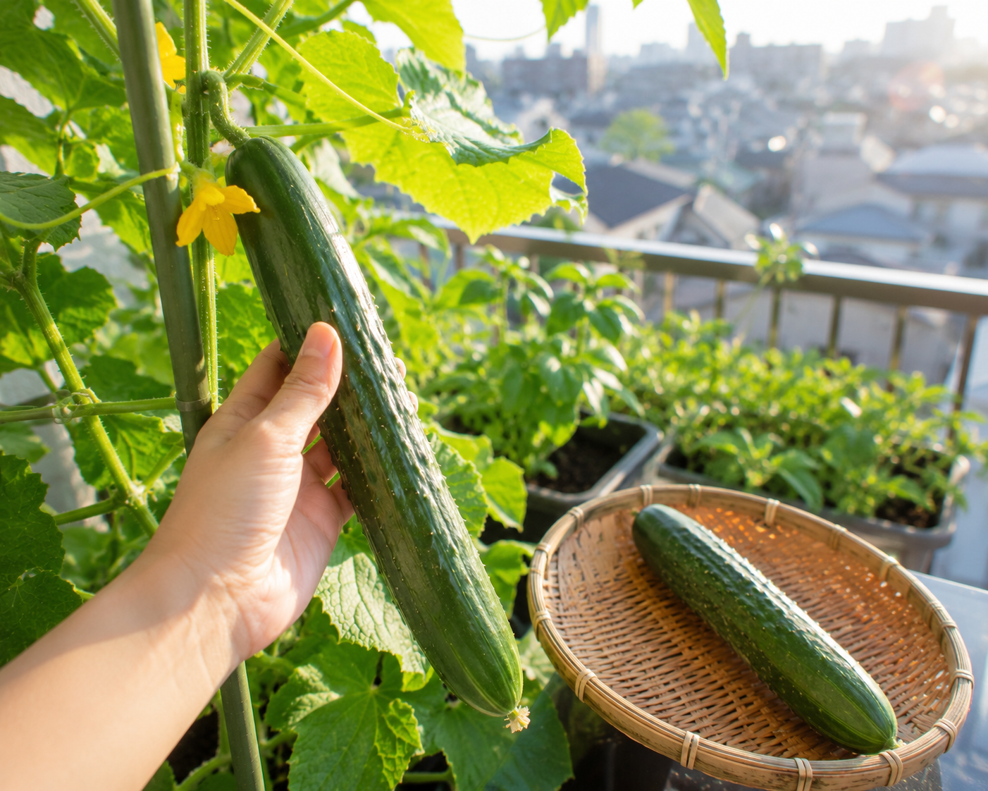 朝にきゅうりを収穫している爽やかな家庭菜園シーン