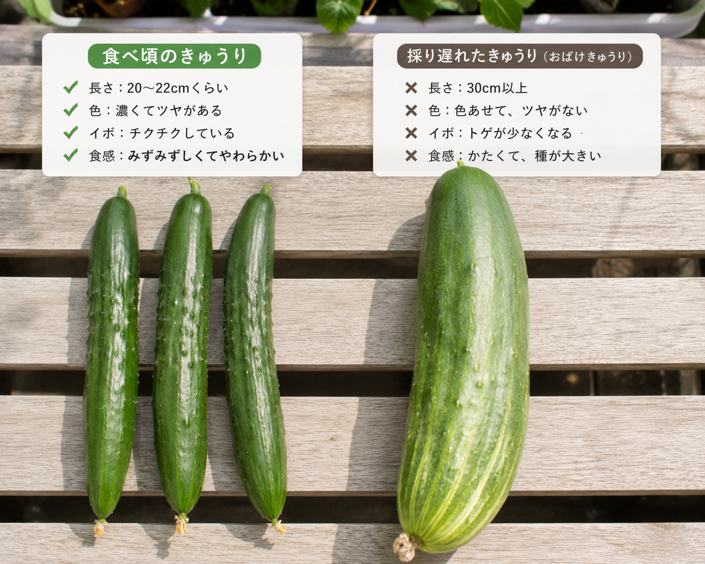 食べ頃のきゅうりと採り遅れた巨大きゅうりの比較