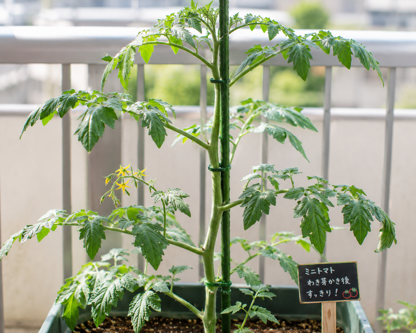 わき芽かき後にすっきり整ったミニトマトの株