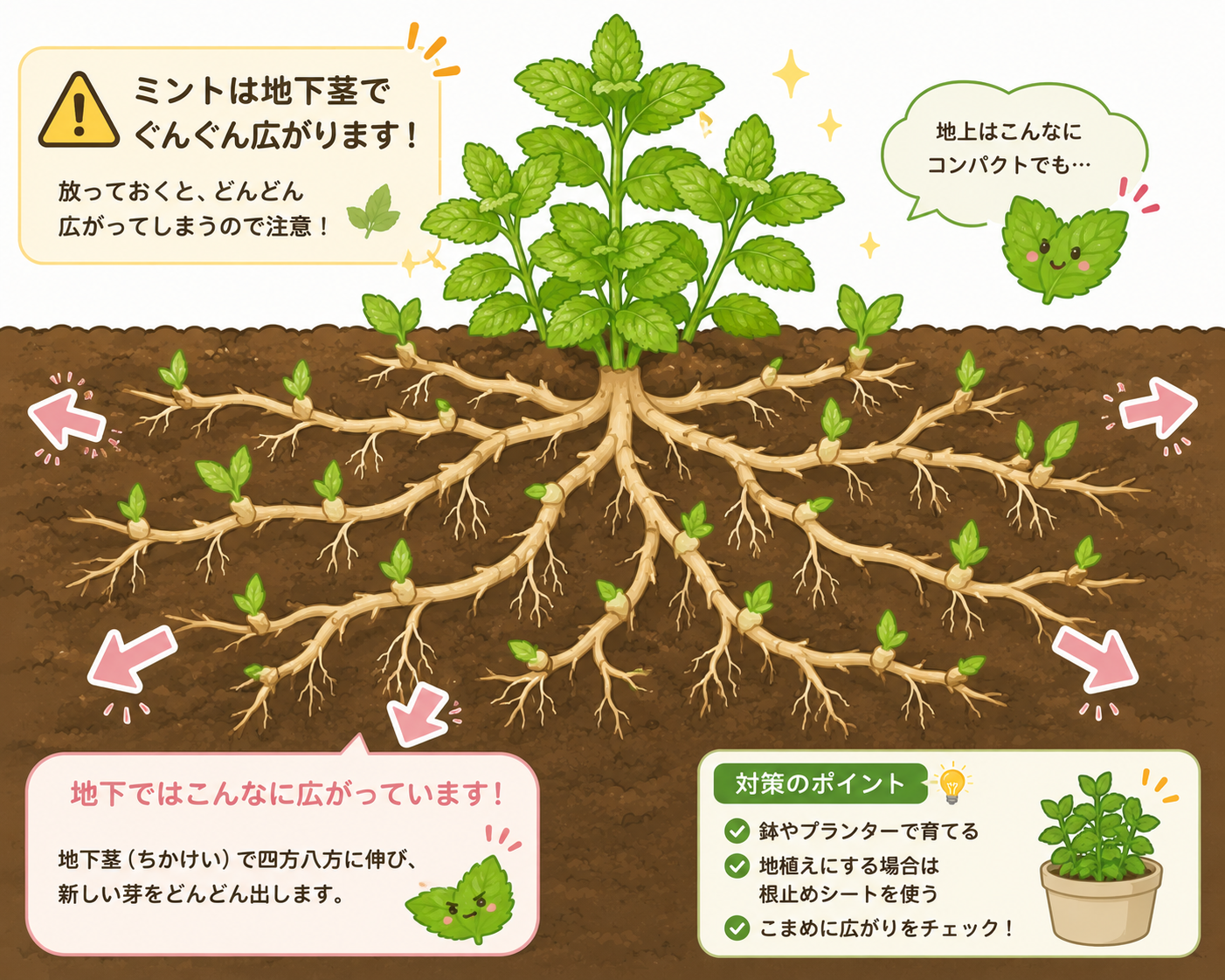ミントの地下茎（地中で縦横無尽に広がる根）の警告イラスト
