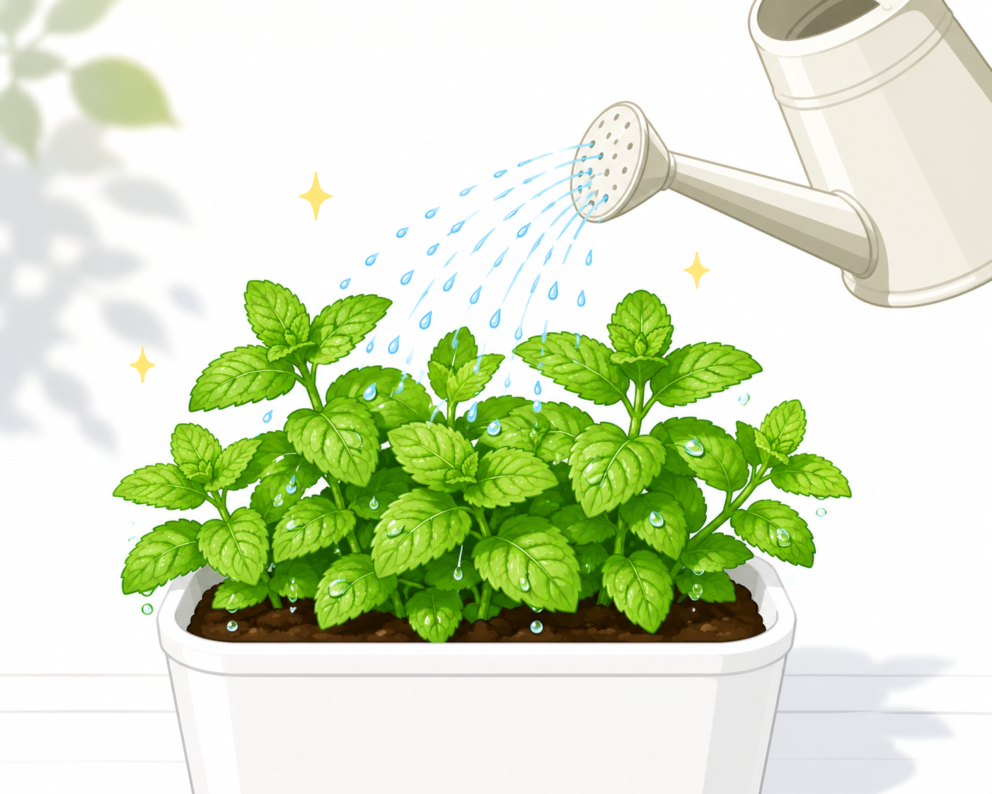プランター栽培でのミントの水やり（たっぷり与える様子）のイラスト