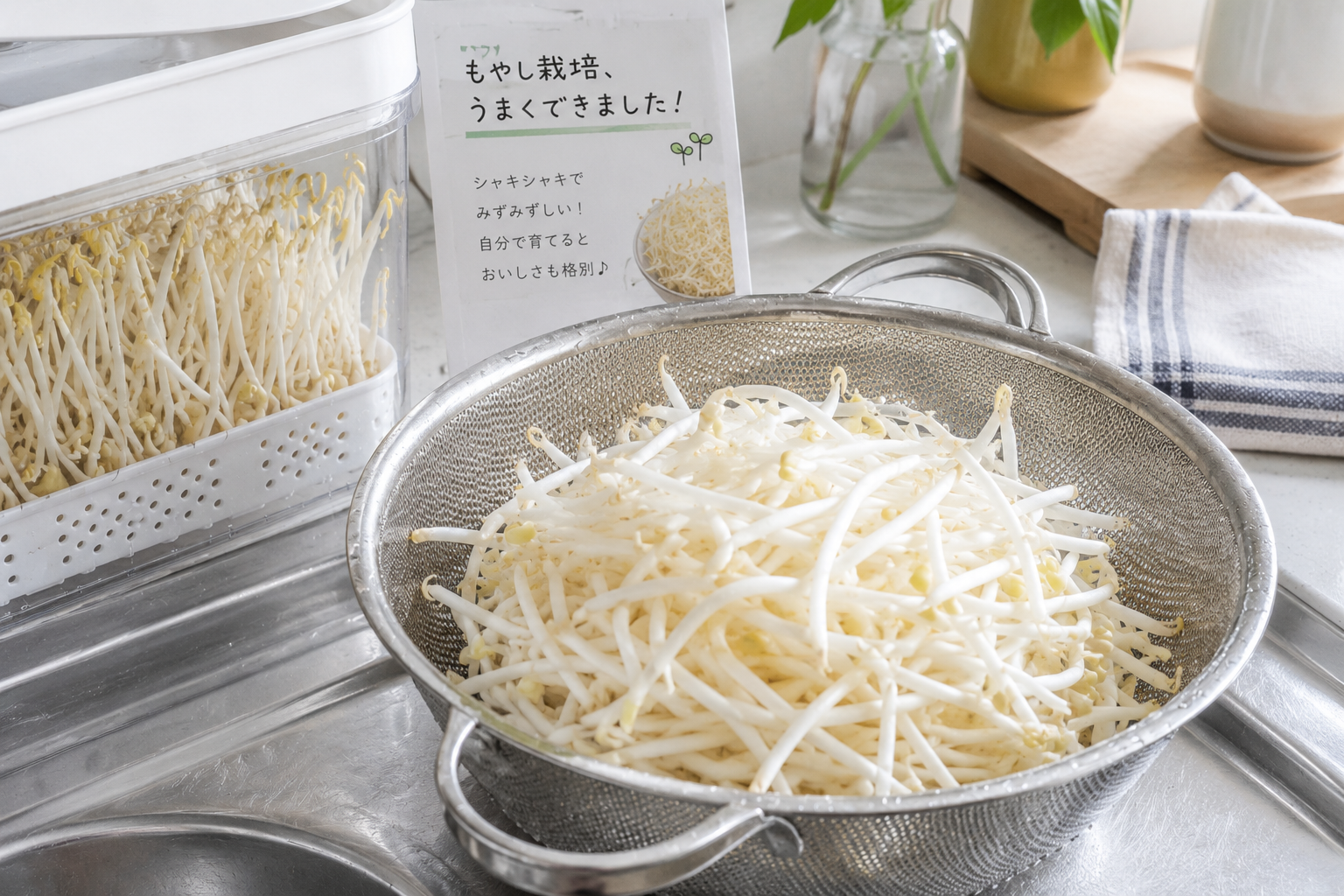 育てたもやしを新鮮なうちに収穫したイメージ