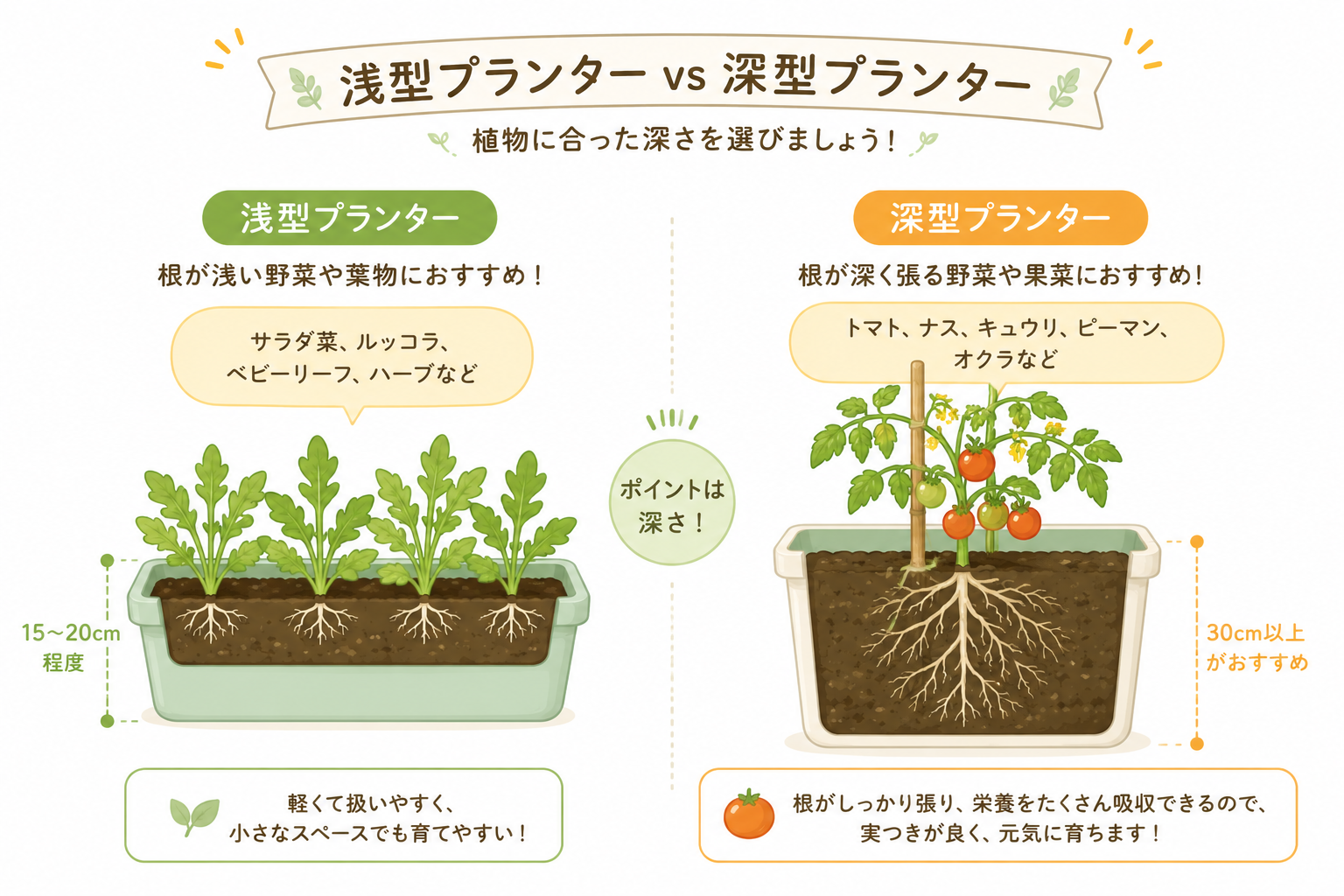 浅型プランターと深型プランターのサイズ比較イラスト