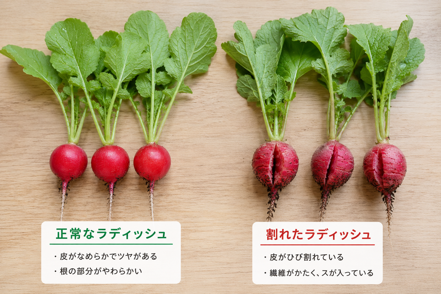 正常なラディッシュと割れたラディッシュの比較イメージ
