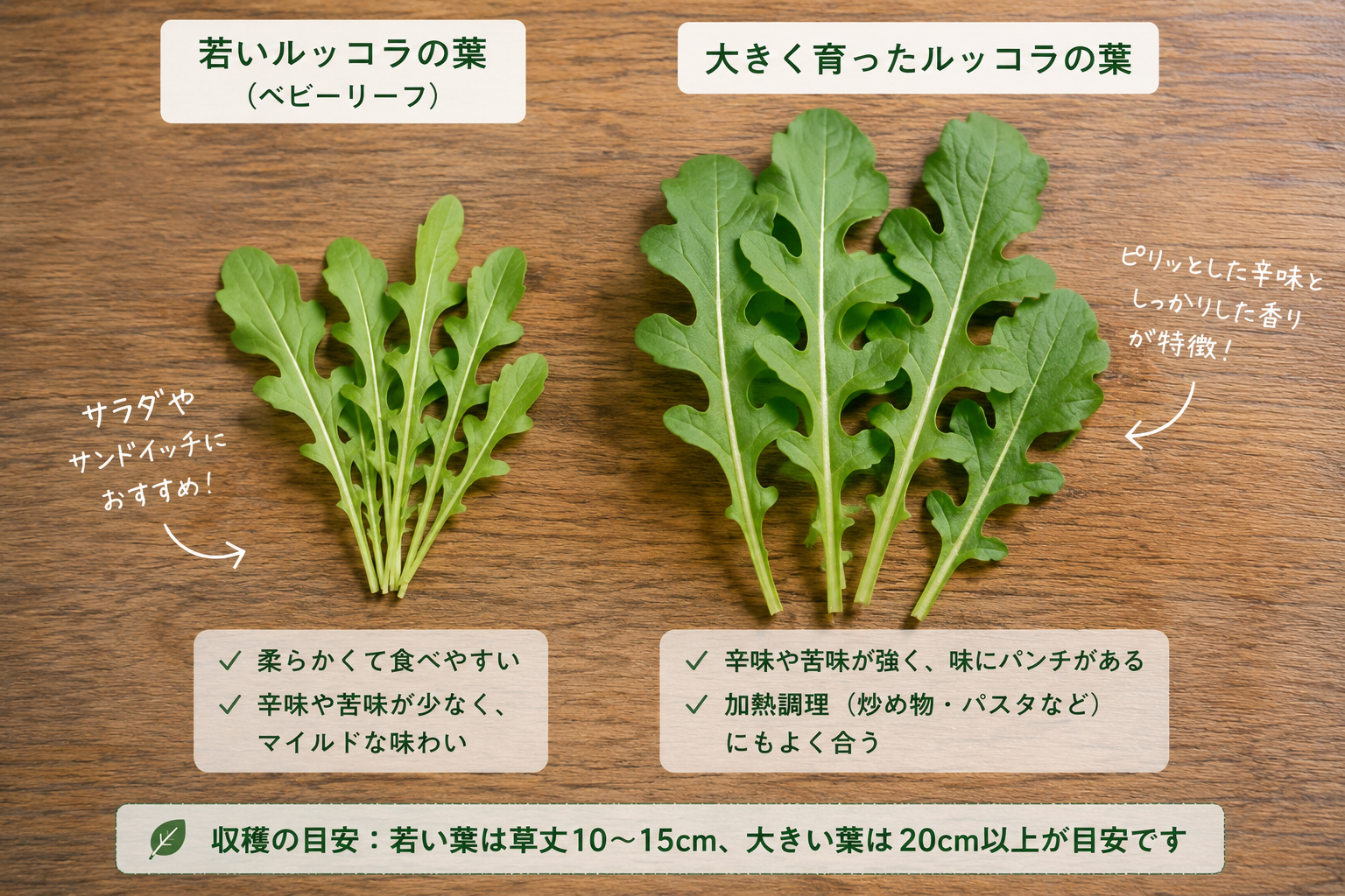 若いルッコラと育ちすぎたルッコラの比較