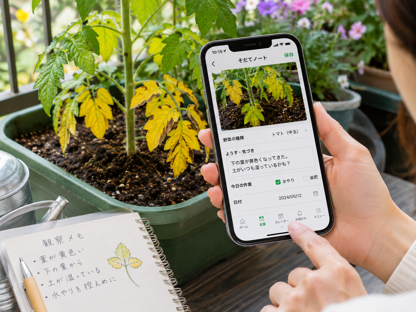 黄色い葉をアプリで確認しているイメージ