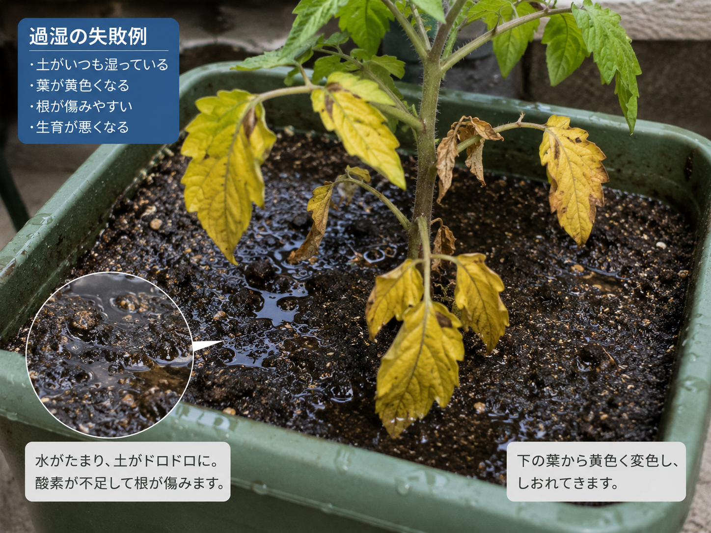水のやりすぎで黄化した葉のイメージ